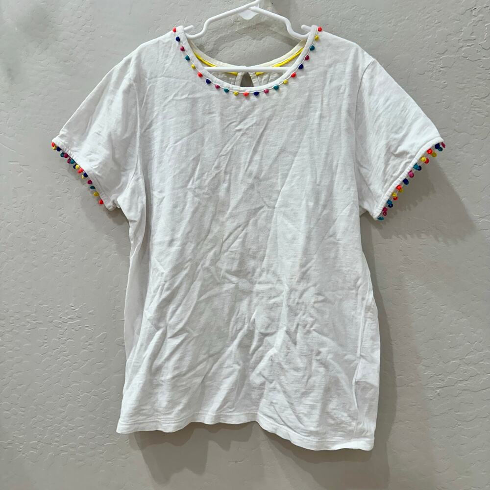 Mini Boden White Rainbow Pom Short Sleeve Shirt